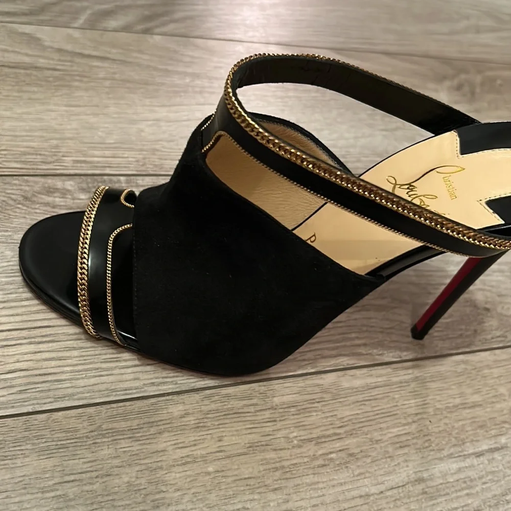 EUC Christian Louboutin Black/Gold heels Akenana 100 Jazz Calf/Suede Size 37